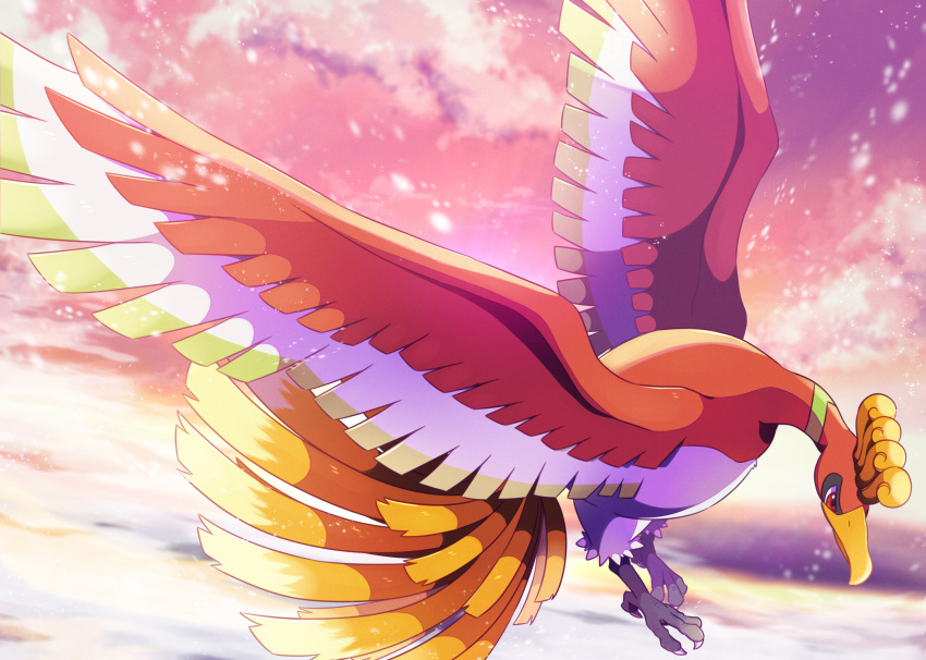 animal_focus bird commentary_request flying highres ho-oh ktyon3 looking_down no_humans outdoors pokemon pokemon_(creature) red_eyes solo talons