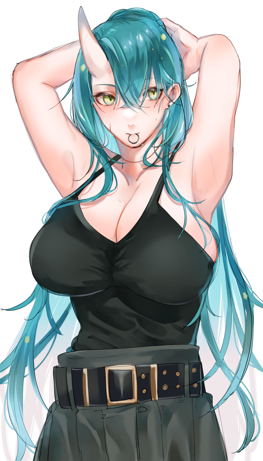 1girl absurdres alternate_costume arknights armpits arms_up belt black_belt black_tank_top breasts casual choker chunta cleavage closed_mouth commentary cowboy_shot green_hair green_pants hair_between_eyes hair_tie_in_mouth highres horns hoshiguma_(arknights) large_breasts long_hair looking_to_the_side mouth_hold oni_horns pants red_choker scar scar_on_cheek scar_on_face shirt_tucked_in simple_background single_horn sleeveless solo standing sweatdrop tank_top white_background yellow_eyes