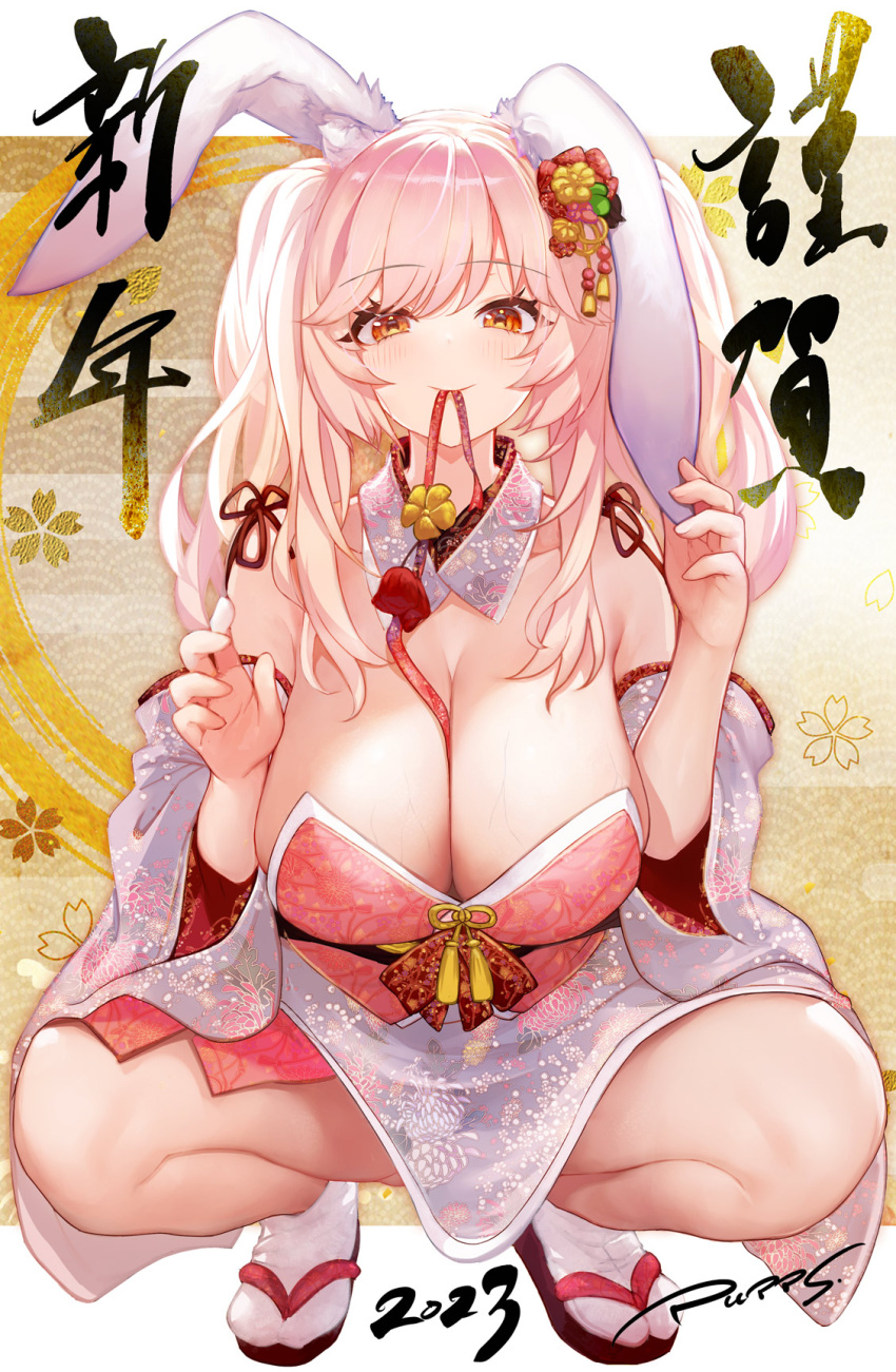 1girl 2023 animal_ears artist_name bangs blush breasts chinese_zodiac cleavage closed_mouth collarbone detached_collar detached_sleeves floral_print flower full_body hair_between_eyes hair_flower hair_ornament hanging_breasts happy_new_year highres huge_breasts japanese_clothes kanzashi large_breasts long_hair looking_at_viewer mouth_hold new_year orange_eyes original patterned_background pink_hair pupps rabbit_ears rabbit_girl red_ribbon ribbon sakuramon sandals seigaiha signature solo squatting tabi thighs tsumami_kanzashi twintails veins veiny_breasts wide_sleeves year_of_the_rabbit zouri