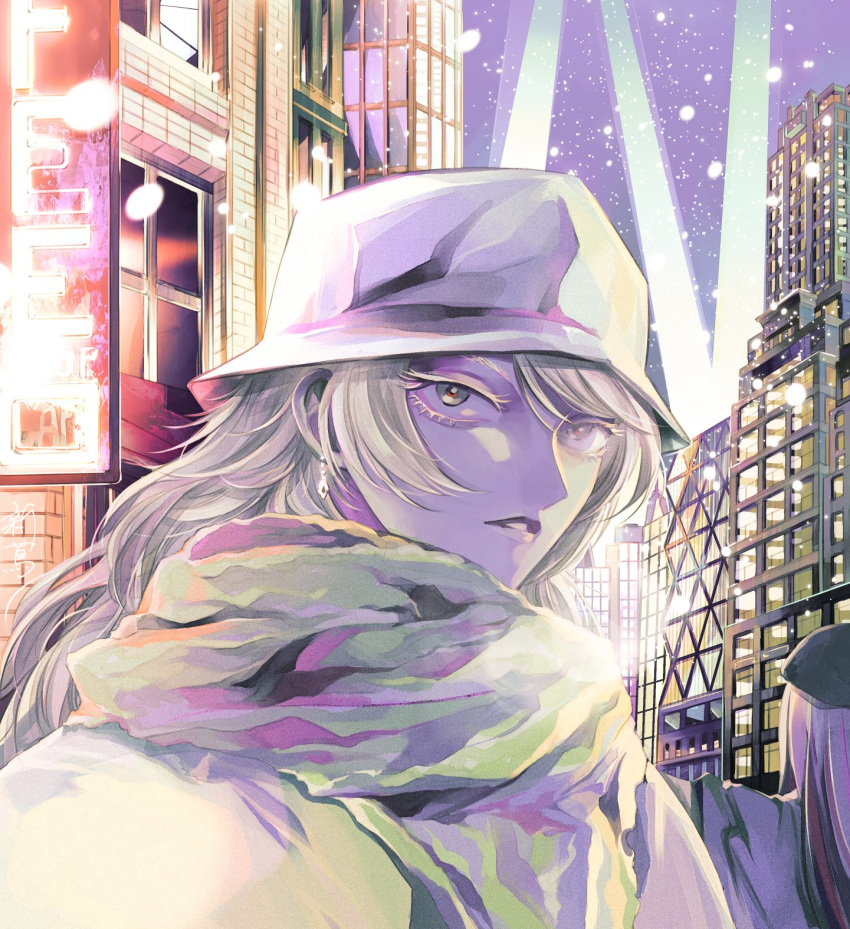 2girls alternate_costume aratsuta_(aoedou) back blue_hair breath bucket_hat cityscape coat earrings green_eyes hat highres jewelry kantai_collection long_eyelashes long_hair multiple_girls neon_lights night outstretched_arms red_hair scarf snowing south_dakota_(kancolle) washington_(kancolle) white_coat white_hair white_headwear