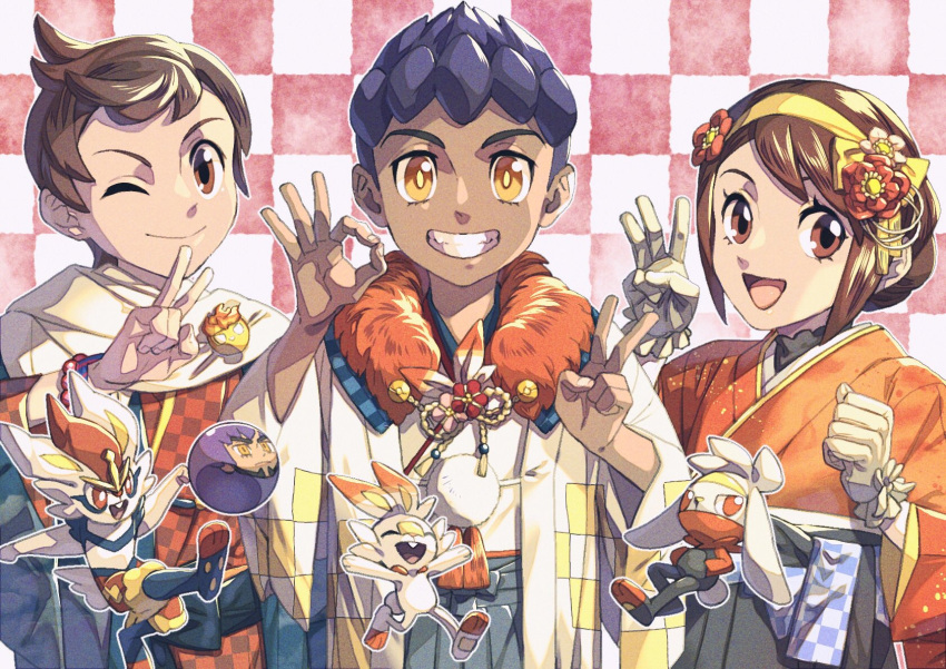 1girl 2boys :d ;) bangs brown_eyes brown_hair cinderace clenched_hand commentary_request eyelashes fur_scarf gloria_(pokemon) gloves grin hairband highres hop_(pokemon) japanese_clothes kimono komame_(st_beans) looking_at_viewer multiple_boys ok_sign one_eye_closed orange_kimono pokemon pokemon_(game) pokemon_swsh protected_link raboot scorbunny short_hair smile teeth victor_(pokemon) yellow_hairband yellow_pupils