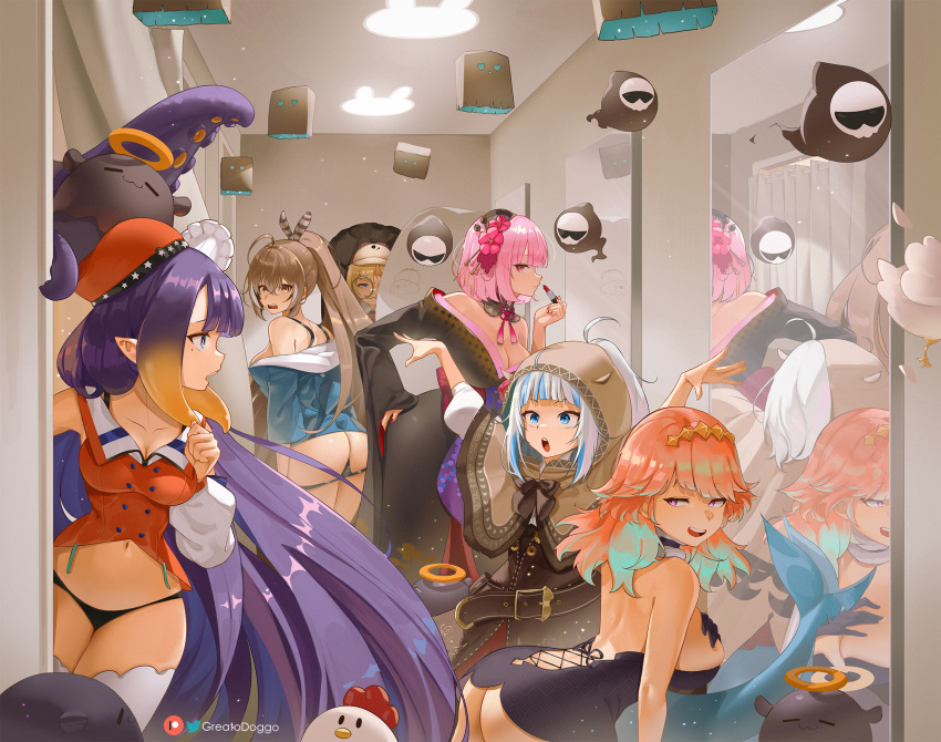 6+girls :d :o alternate_breast_size ass bangs black_dress black_panties blonde_hair blue_hair blue_hoodie breast_suppress breasts brown_hair capelet cleavage commentary cosmetics cosplay costume_switch death-sensei_(mori_calliope) dress english_commentary feather_hair_ornament feathers friend_(nanashi_mumei) gawr_gura gawr_gura_(cosplay) greatodoggo hair_ornament hand_on_hip hat heart heart-shaped_eyes highres holding holding_lipstick_tube hololive hololive_english holomyth hood hood_up hooded_capelet hoodie indoors large_breasts lipstick_tube long_hair long_sleeves looking_at_another medium_breasts midriff mirror mole mole_under_eye mori_calliope multicolored_hair multiple_girls nanashi_mumei nanashi_mumei_(cosplay) ninomae_ina'nis ninomae_ina'nis_(cosplay) open_mouth orange_hair orange_shirt panties panty_pull pink_hair ponytail pulled_by_self purple_eyes purple_hair reflection shirt short_hair smile streaked_hair takanashi_kiara takanashi_kiara_(cosplay) takodachi_(ninomae_ina'nis) tentacles thighhighs undersized_breast_cup underwear very_long_hair virtual_youtuber watson_amelia white_hair white_thighhighs