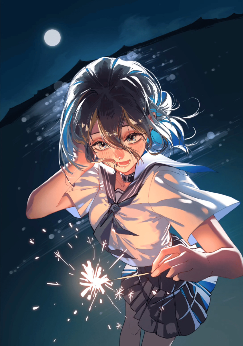 1girl animated animated_gif black_hair black_neckerchief black_sailor_collar black_skirt blush chainsaw_man fireworks green_eyes hair_between_eyes hand_in_own_hair highres lens_flare looking_at_viewer miaoximan moon neckerchief night night_sky pleated_skirt reze_(chainsaw_man) sailor_collar short_hair skirt sky smile solo sparkler