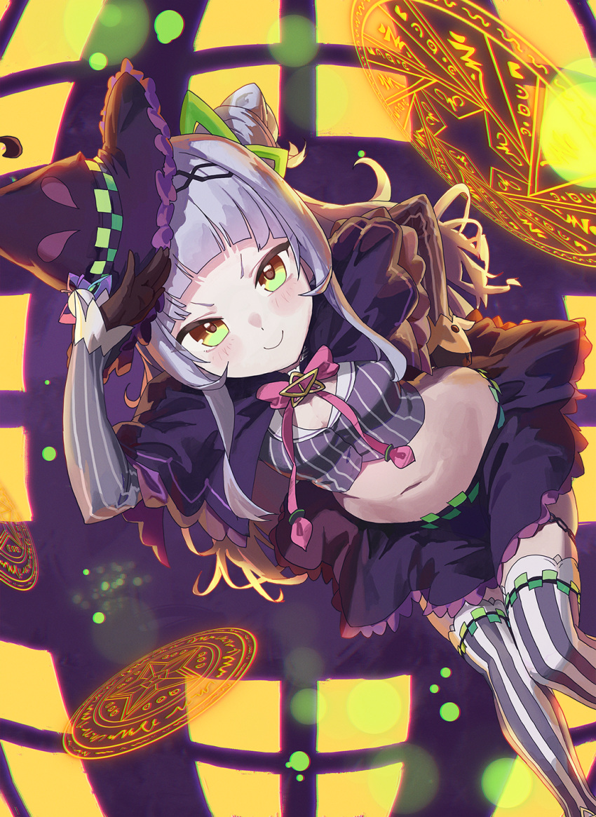 &gt;:) 1girl bangs black_capelet black_gloves black_headwear black_skirt blunt_bangs blush_stickers bow bowtie capelet chain_hairband closed_mouth commentary cone_hair_bun cropped_shirt gloves grey_hair grey_shirt hair_bun hairband half_updo hand_on_hip hat highres hololive long_hair long_sleeves lowleg lowleg_skirt m.q_(mqkyrie) metal_hairband midriff miniskirt murasaki_shion navel pink_bow pink_bowtie pinstripe_pattern pinstripe_shirt salute shirt short_eyebrows sidelocks single_side_bun skirt smile smug solo striped striped_shirt striped_thighhighs thighhighs thighlet tilted_headwear v-shaped_eyebrows vertical-striped_shirt vertical-striped_thighhighs vertical_stripes virtual_youtuber wide_hips witch_hat yellow_eyes