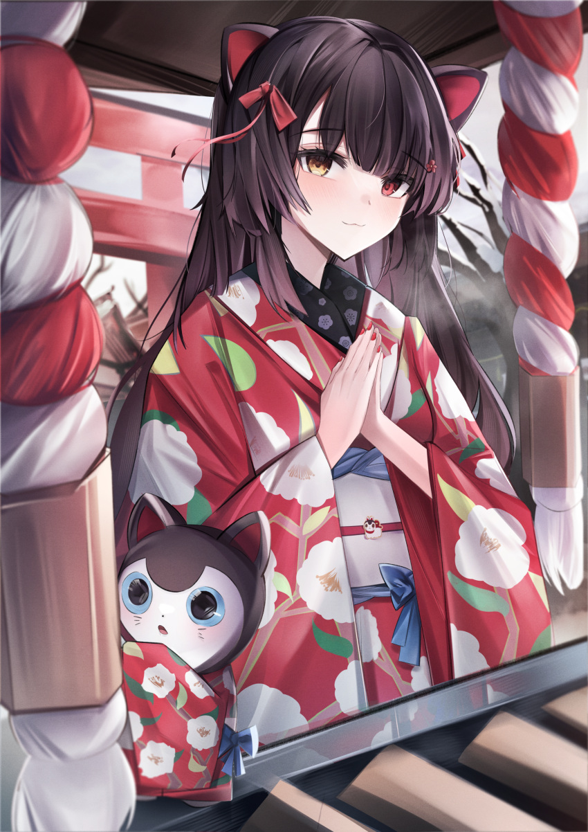 1girl absurdres animal_ears architecture bangs black_hair blush dog_ears dog_girl east_asian_architecture hair_ornament hatsumoude heterochromia highres inui_toko japanese_clothes kimono long_hair long_sleeves looking_at_viewer new_year nijisanji outdoors own_hands_clasped own_hands_together palms_together praying print_kimono red_kimono red_nails shrine shrine_bell simoxia solo temple upper_body virtual_youtuber yukata