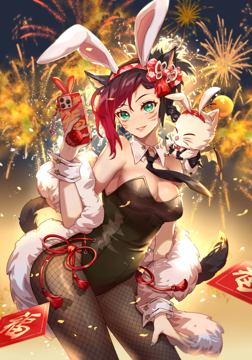 1girl absurdres animal_ears avatar_(ff14) black_hair black_leotard black_necktie breasts camera_phone cat_ears cat_tail cellphone commission detached_collar facial_mark fake_animal_ears feather_boa final_fantasy final_fantasy_xiv fireworks fishnet_pantyhose fishnets gradient_hair green_eyes highleg highleg_leotard highres iphone leaning_forward leotard ling_(doraling12) looking_at_viewer marie_makise medium_breasts miqo'te moogle multicolored_hair necktie pantyhose phone rabbit_ears red_hair second-party_source slit_pupils smartphone strapless strapless_leotard tail whisker_markings wrist_cuffs