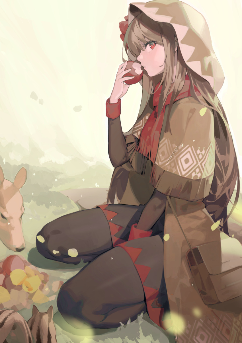 1girl absurdres apple bag between_legs black_pantyhose black_skirt brown_hair brown_shawl commission deer eating elf food forest from_side fruit geometric_pattern hand_between_legs highres holding holding_food holding_fruit hood long_hair long_sleeves looking_at_viewer ludaf nature original pantyhose pixiv_commission pointy_ears red_eyes red_scarf red_trim satchel scarf seiza shawl sitting skirt solo squirrel thighs unfinished unfinished_background