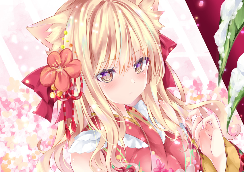 1girl animal_ear_fluff animal_ears bangs blonde_hair blush brown_eyes closed_mouth commentary_request floral_background floral_print flower hair_between_eyes hair_flower hair_ornament hand_up japanese_clothes kimono long_hair long_sleeves looking_at_viewer nail_polish nanase_kureha nanase_nao original pink_nails print_kimono red_flower red_kimono snow solo upper_body