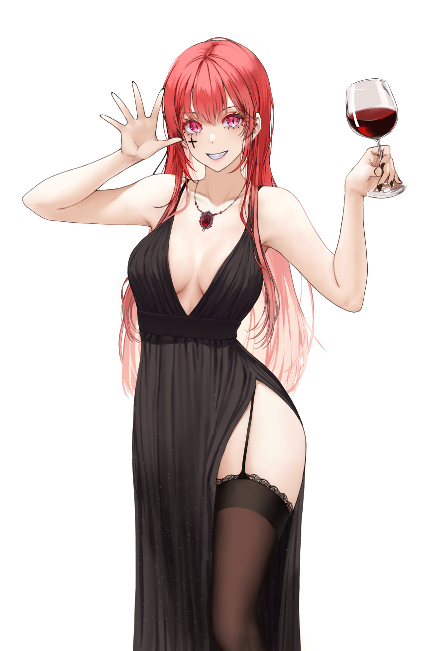 1girl absurdres bangs black_dress black_thighhighs breasts cross_tattoo cup dress drinking_glass facial_tattoo garter_straps grin hands_up highres holding holding_cup jewelry ki-16 long_hair medium_breasts necklace original plunging_neckline red_eyes red_hair sharp_teeth side_slit simple_background slit_pupils smile solo tattoo teeth thighhighs waving white_background wine_glass