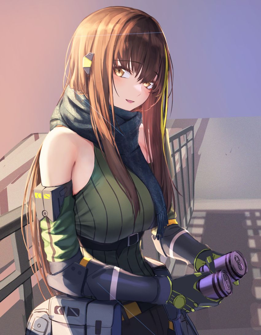 1girl 3_small_spiders absurdres bangs bare_shoulders breasts brown_hair can commentary_request detached_sleeves drink girls'_frontline gloves green_hair green_scarf highres holding holding_can holding_drink large_breasts long_hair looking_at_viewer m4a1_(girls'_frontline) mod3_(girls'_frontline) multicolored_hair ribbed_sweater scarf sleeveless sleeveless_sweater smile soda_can solo streaked_hair sweater upper_body yellow_eyes