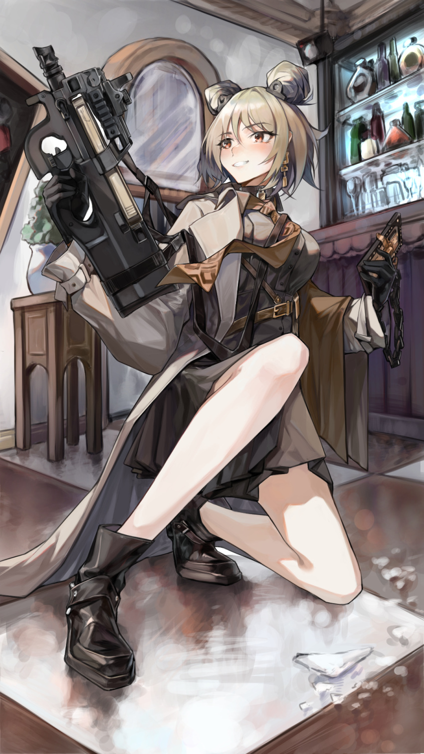 1girl bar_(place) black_gloves blush breasts broken_glass bullpup chadlink choker commentary_request commission double_bun earrings full_body girls'_frontline glass gloves grin gun hair_between_eyes hair_bun highres holding holding_gun holding_phone holding_weapon indoors jewelry legs light_brown_hair medium_breasts necktie official_alternate_costume one_knee p90 p90_(girls'_frontline) p90_(the_girl_from_b.e.l)_(girls'_frontline) phone pixiv_commission red_eyes short_hair skirt smile solo submachine_gun trench_coat weapon