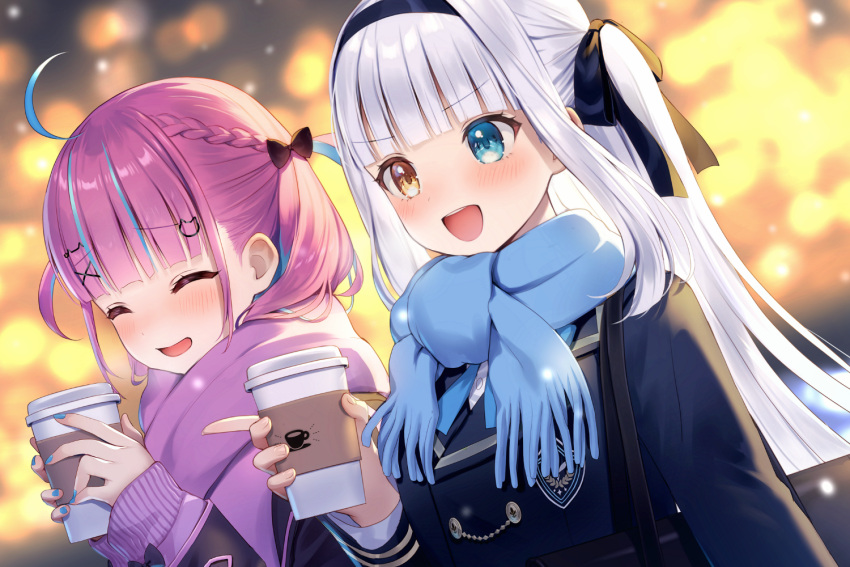 2girls :d ahoge bangs black_bow black_hairband black_jacket black_ribbon blue_bow blue_eyes blue_nails blue_scarf blunt_bangs blurry blurry_background blush bow braid brown_eyes cat_hair_ornament closed_eyes coffee_cup crossover cup depth_of_field disposable_cup enpera fringe_trim hair_bow hair_ornament hair_ribbon hairband hairclip heterochromia holding holding_cup hololive jacket kagura_gumi kagura_mea long_hair long_sleeves minato_aqua momoshiki_tsubaki multicolored_hair multiple_girls nail_polish open_mouth pink_hair pink_scarf puffy_long_sleeves puffy_sleeves purple_hair purple_sweater ribbon scarf shirt sleeves_past_wrists smile streaked_hair sweater two_side_up upper_body v-shaped_eyebrows virtual_youtuber white_hair white_shirt x_hair_ornament yellow_eyes