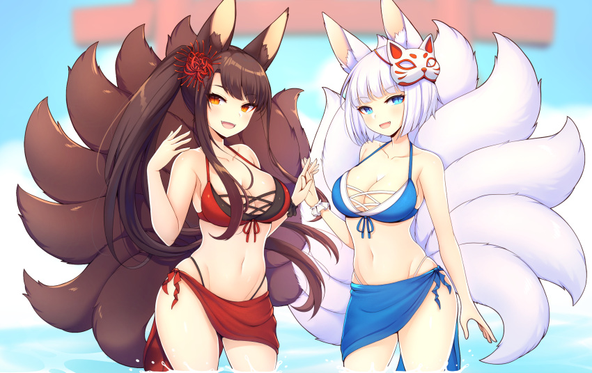 2girls akagi_(azur_lane) akagi_(paradise_amaryllis)_(azur_lane) animal_ears azur_lane bikini blue_bikini blue_eyes blue_sarong breasts brown_hair brown_tail cleavage crunchobar flower fox_ears fox_girl fox_mask fox_tail hair_flower hair_ornament hand_up highleg highleg_bikini highres holding_hands kaga_(azur_lane) kaga_(everlasting_killing_stone)_(azur_lane) kitsune kyuubi large_breasts mask mask_on_head multiple_girls multiple_tails official_alternate_costume partially_submerged red_bikini red_eyes red_sarong sarong scrunchie short_hair slit_pupils spider_lily swimsuit tail white_hair white_tail wrist_scrunchie