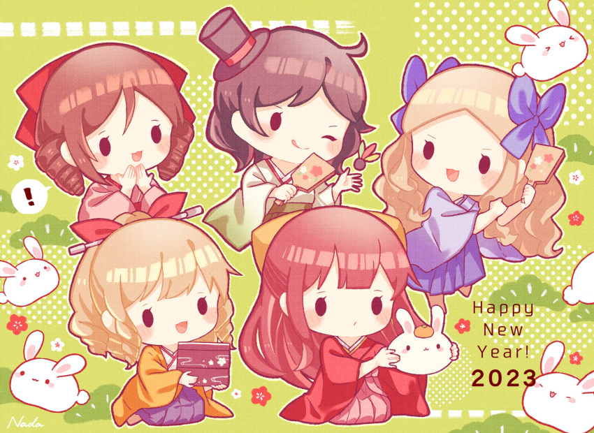 2023 5girls animal artist_name asakaze_(kancolle) black_hair black_headwear blue_hakama blue_kimono blue_ribbon blush_stickers brown_hair furisode green_hakama hair_ribbon hakama happy_new_year harukaze_(kancolle) hat hatakaze_(kancolle) highres japanese_clothes kamikaze_(kancolle) kantai_collection kimono light_brown_hair long_hair matsukaze_(kancolle) meiji_schoolgirl_uniform mini_hat mini_top_hat multiple_girls nada_namie one_eye_closed open_mouth pink_hakama pink_kimono purple_hair rabbit red_kimono red_ribbon ribbon short_hair signature smile tongue tongue_out top_hat white_kimono yellow_ribbon