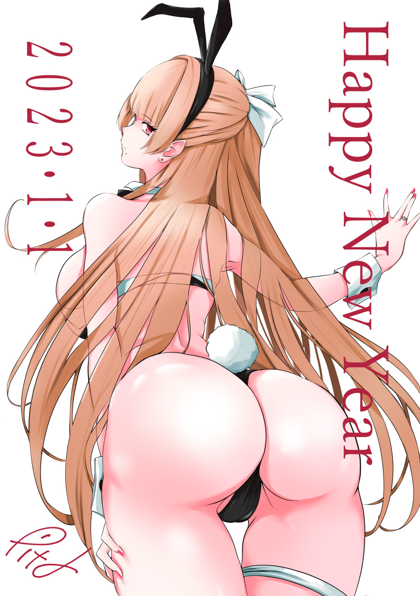 1girl 2023 absurdres animal_ears animal_print ass ass_focus azur_lane back bikini black_panties breasts chinese_zodiac commentary_request cow_print from_behind hair_ribbon hand_on_own_thigh hand_on_wall happy_new_year highres large_breasts leaning_over light_brown_hair long_hair looking_at_viewer new_year p.i.t.d panties partial_commentary playboy_bunny rabbit_ears rabbit_tail ribbon simple_background skindentation solo swiftsure_(azur_lane) swimsuit tail thigh_strap underwear very_long_hair white_ribbon year_of_the_rabbit