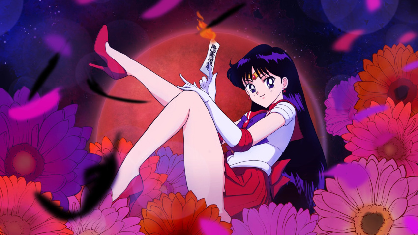 1girl back_bow bangs bishoujo_senshi_sailor_moon black_eyes black_hair bow bowtie brooch choker circlet dj_jdite earrings elbow_gloves fire gem gloves heart_brooch high_heels highres hino_rei jewelry long_hair miniskirt ofuda pleated_skirt purple_bow purple_bowtie purple_eyes purple_hair red_bow red_choker red_footwear red_gemstone red_sailor_collar red_skirt sailor_collar sailor_mars shirt short_sleeves skirt smile solo star_(symbol) star_earrings white_gloves white_shirt