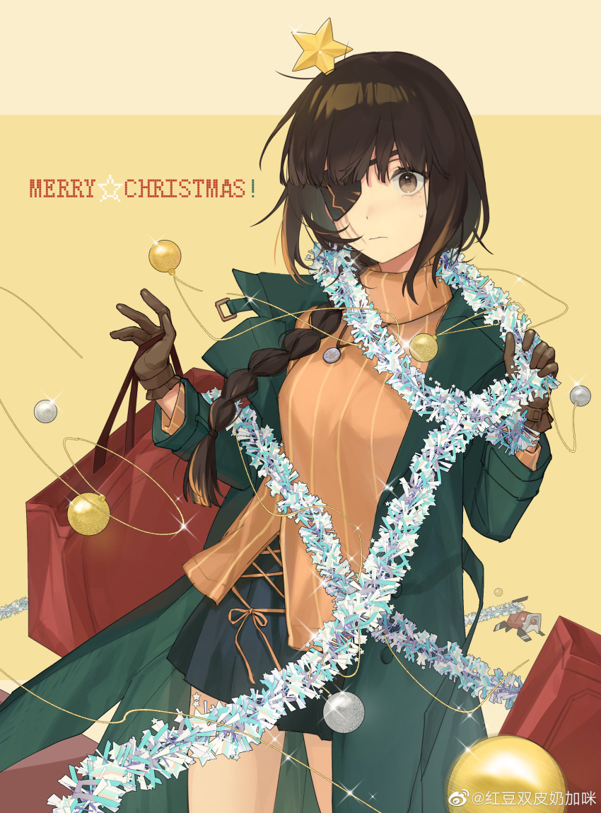 1girl absurdres bag black_skirt braid brown_eyes brown_gloves brown_hair chinese_commentary christmas christmas_ornaments commentary_request cowboy_shot dinergate_(girls'_frontline) eyepatch garland_(decoration) girls'_frontline gloves green_jacket hair_over_shoulder highres holding holding_bag hongdou_shuang_pi_nai_jia_mi jacket jewelry long_hair long_sleeves m16a1_(girls'_frontline) merry_christmas mole mole_under_eye multicolored_hair necklace open_clothes open_jacket red_bag scar scar_on_face shirt single_braid skirt solo star_(symbol) streaked_hair striped striped_shirt sweatdrop vertical-striped_shirt vertical_stripes weibo_username yellow_background
