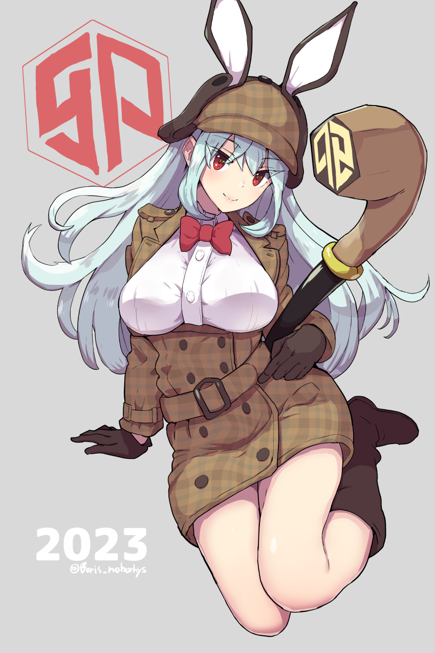 1girl 2023 absurdres animal_ears bangs black_gloves boots boris_(noborhys) breasts brown_coat closed_mouth coat commentary_request duffel_coat full_body gloves grey_hair hat highres long_hair looking_at_viewer medium_breasts original rabbit_ears red_eyes simple_background smile solo thighhighs thighs twitter_username white_background