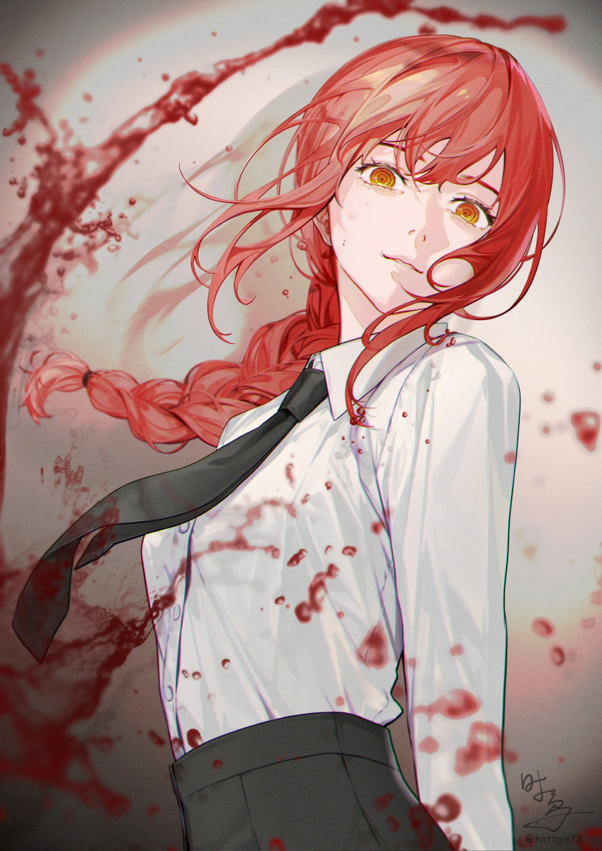 1girl artist_name bangs black_necktie black_pants blood blood_drop blood_on_clothes blood_on_face braid breasts brown_background buttons chainsaw_man closed_mouth collared_shirt gradient gradient_background grey_background hair_between_eyes hair_ornament highres long_hair long_sleeves looking_at_viewer makima_(chainsaw_man) medium_breasts necktie pants red_eyes red_hair red_necktie ringed_eyes shadow shi_niao shirt sidelocks smile solo standing teeth white_shirt