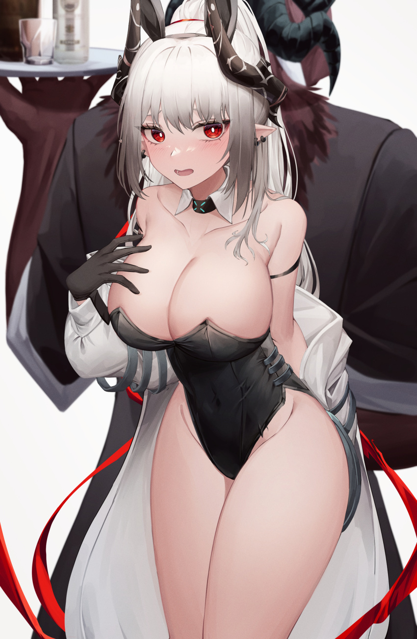 1girl absurdres animal_ears arknights bangs bare_shoulders black_choker black_gloves black_leotard breasts choker cleavage commentary_request cowboy_shot fake_animal_ears gloves hand_on_own_chest highres horns large_breasts leotard long_hair looking_at_viewer mea_(hwaksal) mudrock_(arknights) open_mouth pointy_ears ponytail rabbit_ears red_eyes standing strapless strapless_leotard thighs very_long_hair white_hair