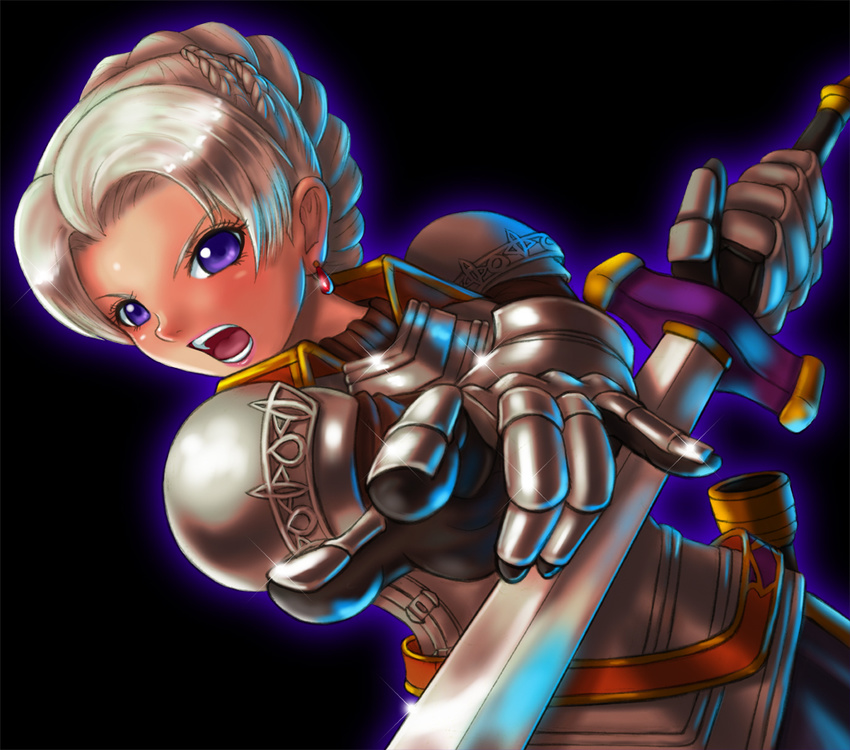 armor boken_fantasy chris_lightfellow earrings female gensou_suikoden gensou_suikoden_iii gradient gradient_background jewelry open_mouth purple_eyes short_hair silver_hair solo suikoden suikoden_iii sword weapon