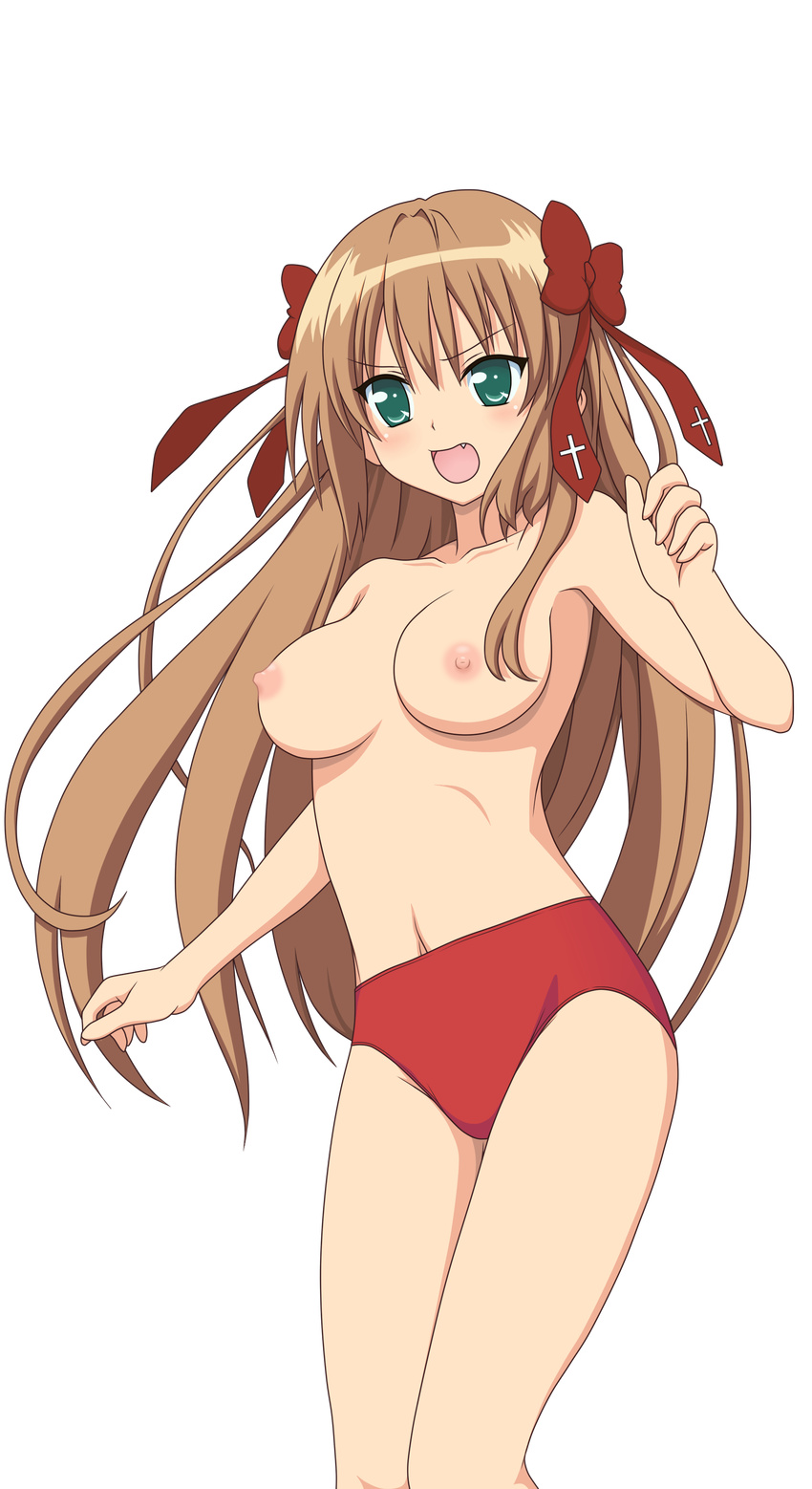 1girl absurdres blush breasts brown_hair erect_nipples female green_eyes highres legs long_hair mayoi_neko_overrun! nipples nude nude_filter photoshop serizawa_fumino simple_background solo thighs