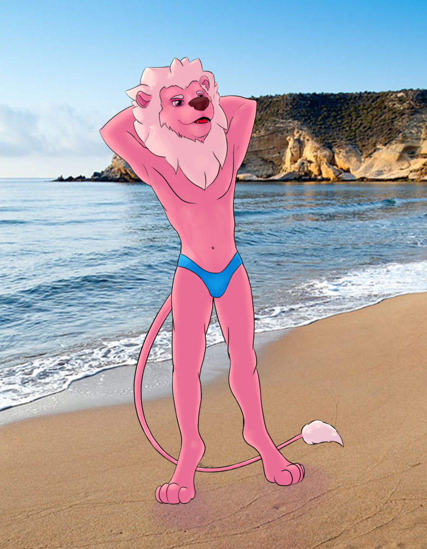 2019 4_toes anthro beach cartoon_network clothed clothing eldingo_(artist) felid feline fur hands_behind_head lion lion_(steven_universe) male mammal mane muscular pantherine partially_clothed pink_fur pose seaside solo steven_universe swimsuit toes