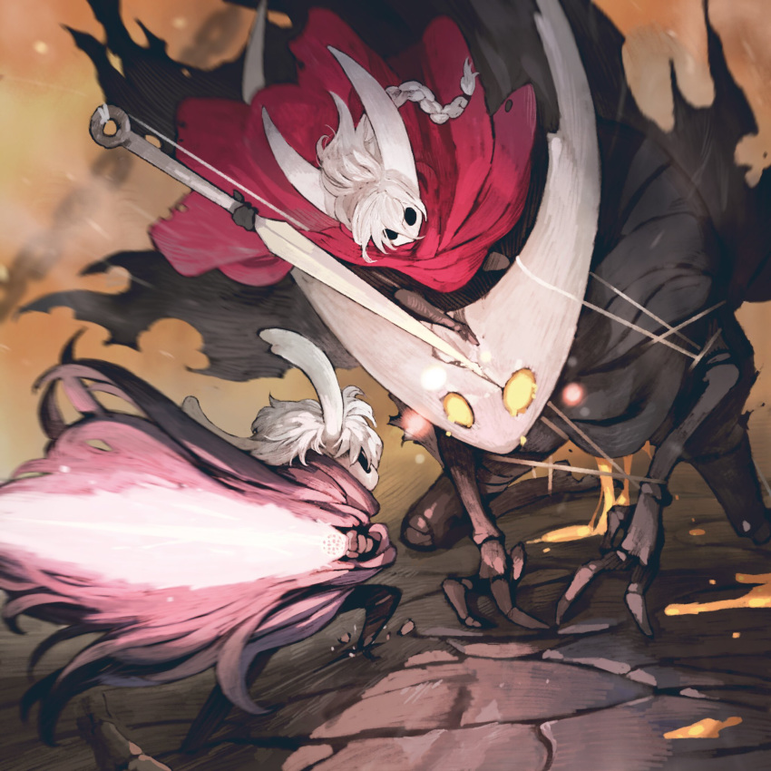 1girl 2boys battle bound braid braided_ponytail claws cloak cracked_mask glowing glowing_eyes glowing_weapon grey_cloak highres hollow_knight hollow_knight_(character) hornet_(hollow_knight) horns jun_(seojh1029) knight_(hollow_knight) light_particles looking_at_another mask multiple_boys nail red_cloak rock string sword weapon white_hair