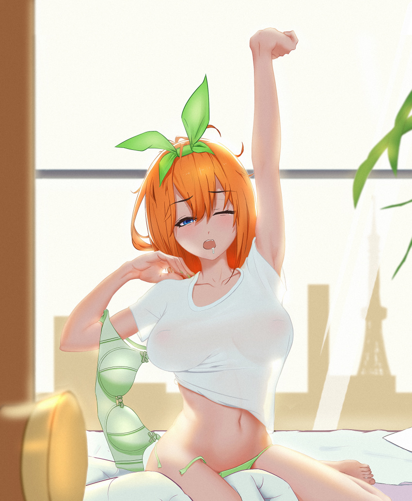 1girl absurdres arm_up bangs bed bed_sheet blue_eyes blush bow bra bra_removed breasts commentary_request erect_nipples eyebrows_visible_through_hair go-toubun_no_hanayome green_bra green_panties hair_between_eyes hair_ribbon highres large_breasts nakano_yotsuba navel one_eye_closed open_mouth orange_hair panties ribbon saliva saliva_trail see-through shirt short_hair short_sleeves sitting solo stomach stretch ta03545 underwear waking_up wariza white_shirt window