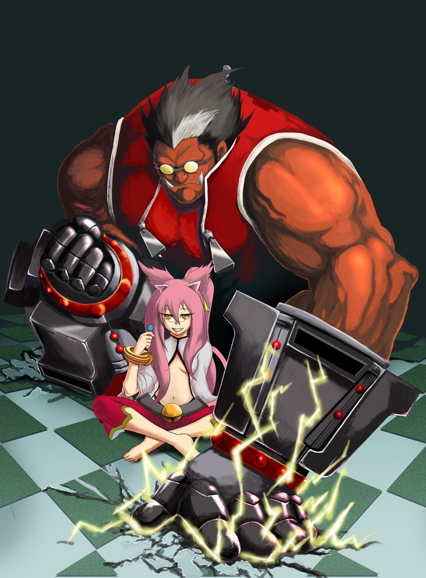 1boy 1girl absurdres animal_ears arc_system_works bangs barefoot bell bizenya black_hair blazblue blazblue:_calamity_trigger bracelet candy cat_ears cat_tail crossed_legs fangs feet female glasses grey_hair highres iron_tager jewelry kokonoe legs_crossed lollipop long_hair male midriff orange_eyes pants pink_hair ponytail red_skin ribbon sitting tail yellow_ribbon