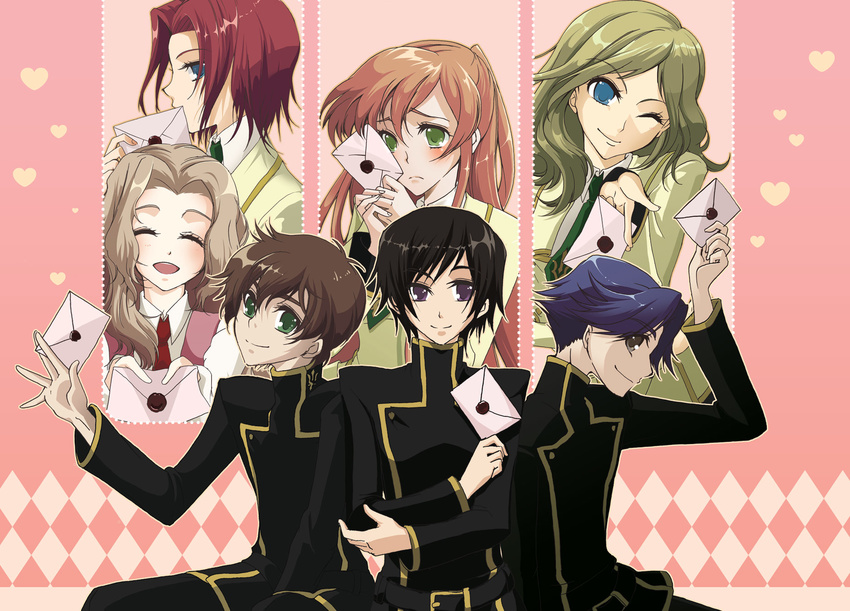 3boys 4girls black_eyes black_hair blonde_hair blue_eyes blue_hair blush brown_hair code_geass eyes_closed female green_eyes highres kallen_stadtfeld kururugi_suzaku lelouch_lamperouge letter long_hair male milly_ashford multiple_boys multiple_girls niboshi nunnally_lamperouge open_mouth orange_hair purple_eyes red_hair rivalz_cardemonde sasaki_yuki school_uniform shirley_fenette short_hair sitting uniform wink