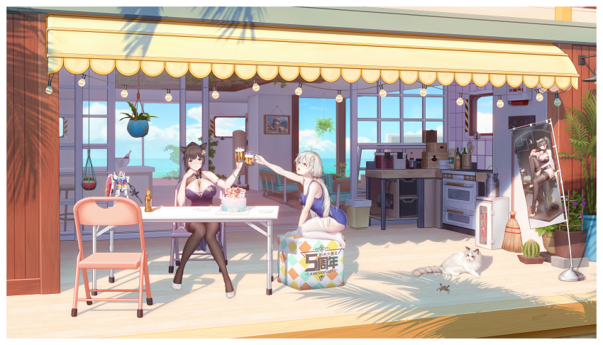 2girls absurdres alcohol animal_ears anniversary arm_garter bad_id bad_pixiv_id bamboo bangs banner beer beer_bottle beer_mug bigxixi birthday_cake black_hair black_thighhighs blue_one-piece_swimsuit blush border box bracelet breasts broom butterfly_ornament cactus cake cat chair chinese_commentary cleavage cloud collarbone copyright_request crab cup drawing fake_animal_ears figure flower folding_chair food garter_straps glasses gundam hair_ornament hairclip high_heels highres holding holding_cup horizon jewelry kneeling large_breasts long_hair medium_breasts mobile_suit_gundam mug multiple_girls ocean one-piece_swimsuit open_mouth original plate purple_flower red_eyes rx-78-2 shadow sidelocks sitting string_of_light_bulbs summer swimsuit teeth thighhighs toast_(gesture) tree_shade water white_border white_footwear white_hair white_thighhighs window