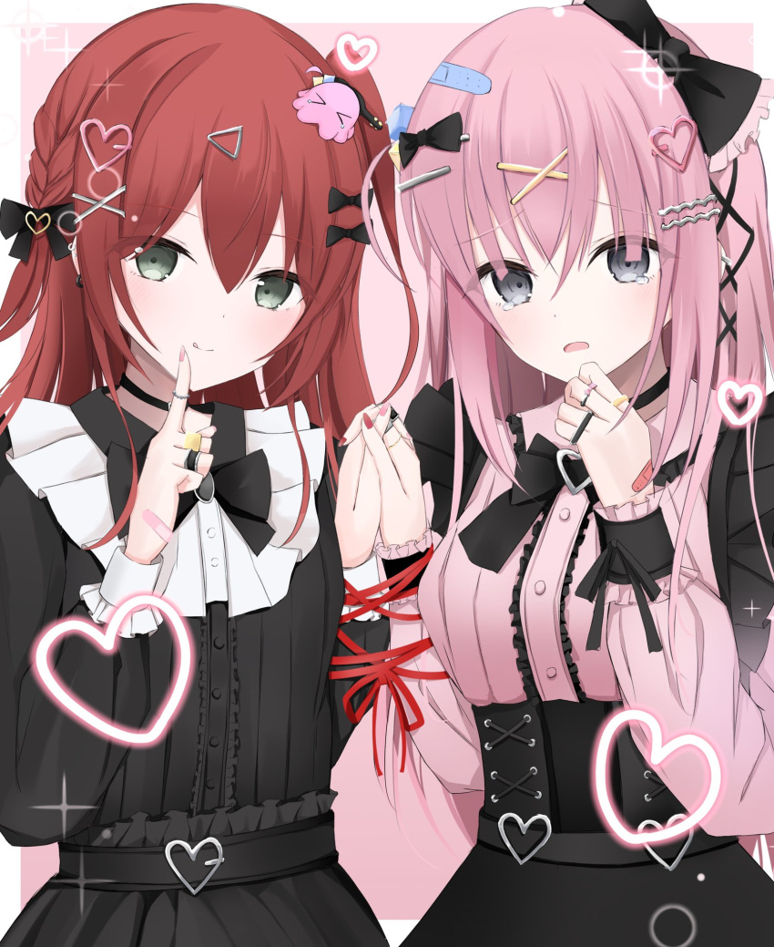 2girls :q alternate_costume bandaid bandaid_on_hand bangs black_bow black_choker black_shirt black_skirt blush bocchi_the_rock! bow braid choker collar commentary_request cowboy_shot cube_hair_ornament dot_nose finger_to_mouth frilled_collar frilled_shirt frilled_sleeves frills gotou_hitori green_eyes grey_eyes hair_between_eyes hair_ornament heart heart_hair_ornament highres holding_hands interlocked_fingers jewelry jirai_kei juliet_sleeves kita_ikuyo long_hair long_sleeves looking_at_viewer maddo_(gasser_0518) multiple_girls nail_polish open_mouth pink_hair pink_nails pink_shirt puffy_sleeves red_hair red_nails red_ribbon ribbon ring shirt sidelocks single_braid skirt skirt_set tears tongue tongue_out triangle_hair_ornament x_hair_ornament yuri