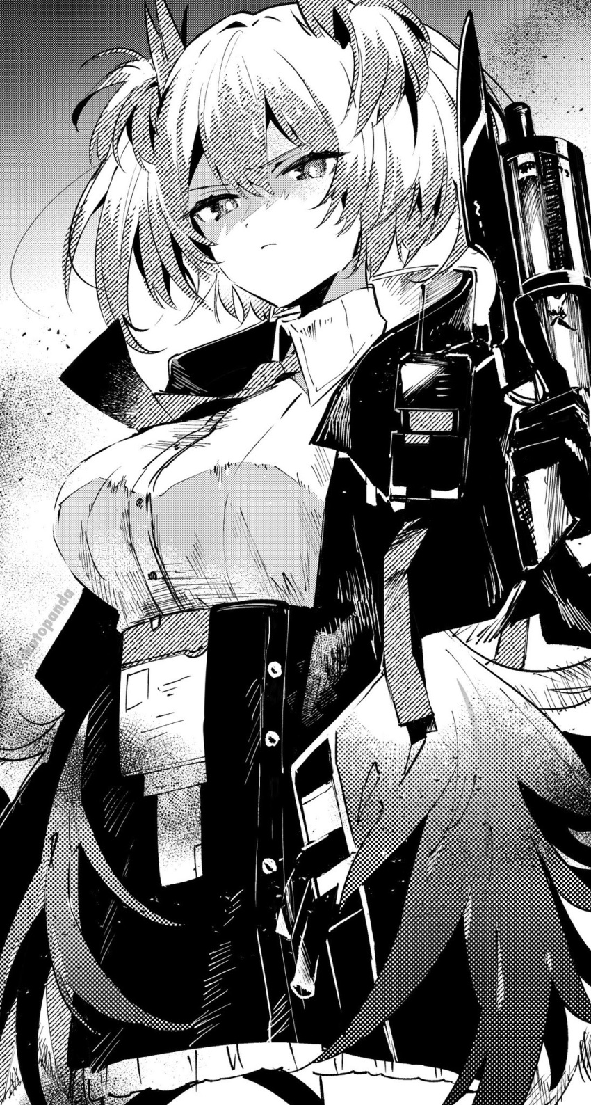 1girl arknights ba_kanoko bayonet black_gloves breasts feathers fiammetta_(arknights) frown gloves greyscale gun highres holding holding_gun holding_weapon large_breasts monochrome necktie shaded_face trigger_discipline twitter_username walkie-talkie weapon