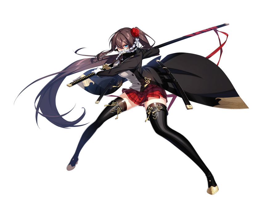 1girl absurdres blue_eyes brown_hair brown_vest counter:side fighting_stance full_body gloves highres holding holding_sword holding_weapon jacket long_hair looking_at_viewer nanahara_chifuyu official_art ootachi pleated_skirt skirt solo sword thighhighs transparent_background vest weapon