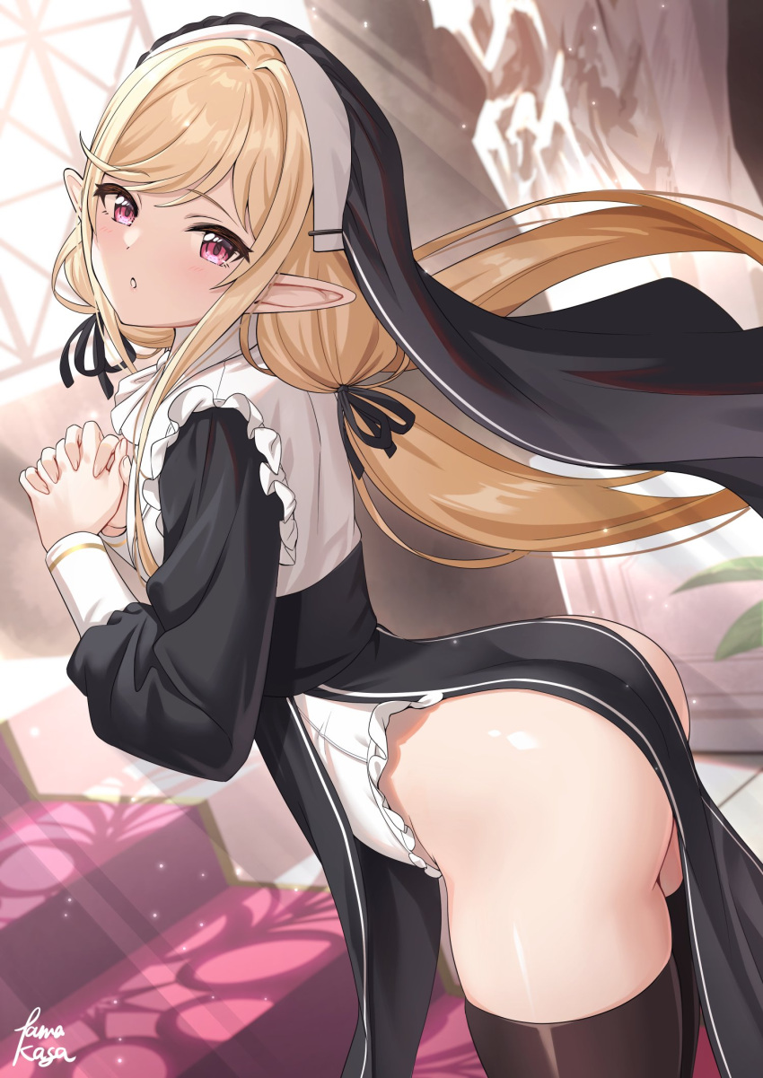 1girl arched_back ass bangs black_dress black_ribbon black_thighhighs blonde_hair blush dress elf frills habit hair_ribbon highres indoors interlocked_fingers long_hair long_sleeves looking_at_viewer low_twintails nun own_hands_clasped own_hands_together pelvic_curtain pointy_ears praying red_eyes ribbon sennen_sensou_aigis sidelocks solo swept_bangs tamakaga thighhighs thighs twintails tytto_(sennen_sensou_aigis) window