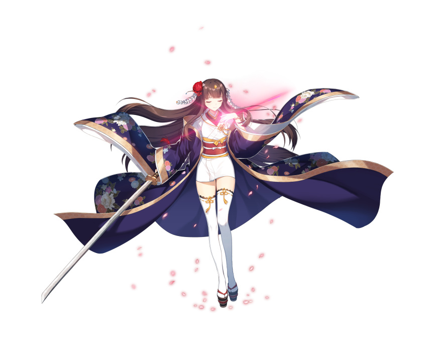1girl absurdres bangs brown_hair closed_eyes counter:side floral_print full_body hair_ornament highres holding holding_sword holding_weapon japanese_clothes kimono long_hair nanahara_chinatsu official_art petals sandals solo sword transparent_background weapon