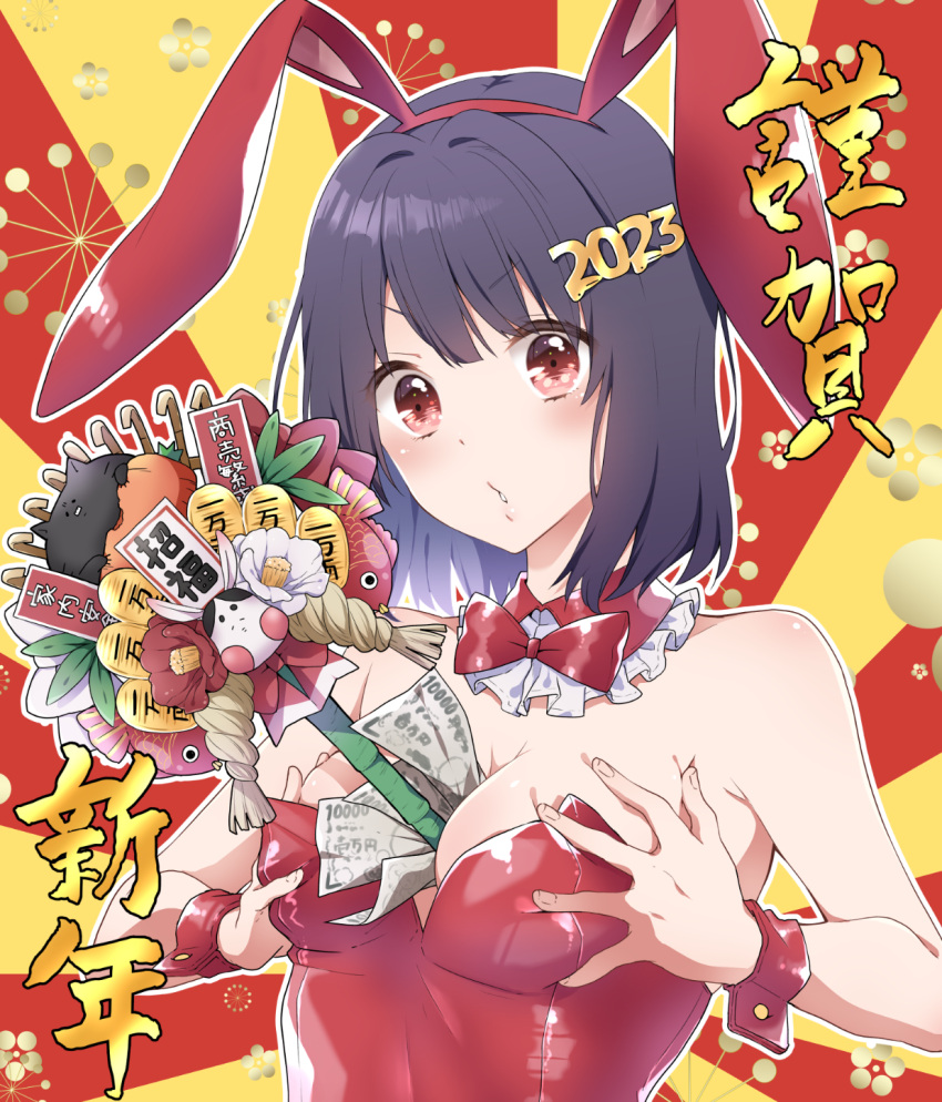 1girl 2023 animal_ears bangs bare_shoulders between_breasts black_hair bow bowtie breasts chinese_zodiac collar commentary_request detached_collar fake_animal_ears hairband happy_new_year highres kuune_rin leotard medium_breasts money original parted_lips playboy_bunny rabbit_ears red_bow red_bowtie red_collar red_eyes red_hairband red_leotard short_hair solo strapless strapless_leotard sunburst sunburst_background upper_body v-shaped_eyebrows wrist_cuffs year_of_the_rabbit