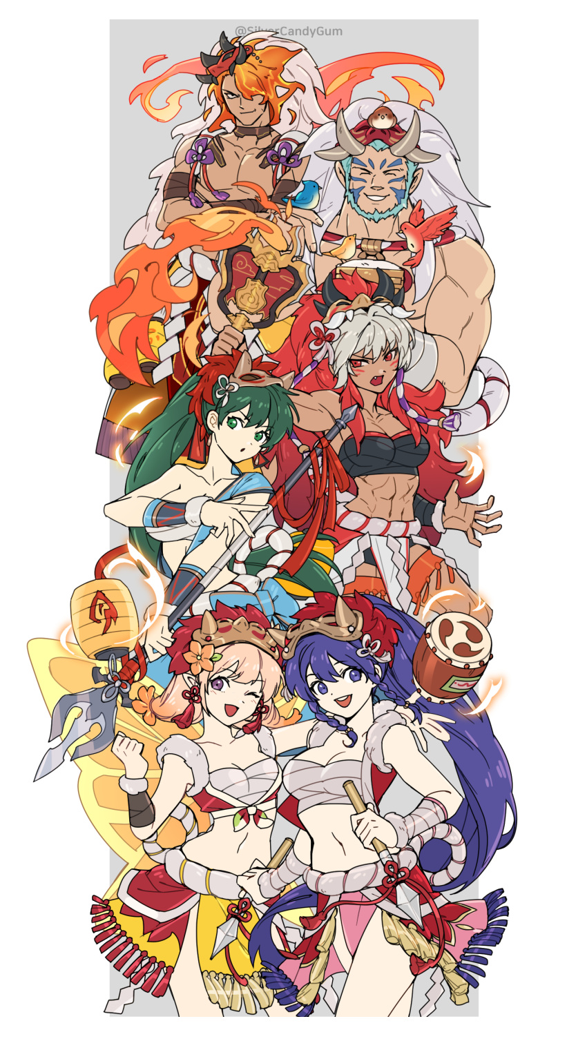 2boys 4girls ;d ^_^ abs absurdres bandages bandeau bare_shoulders beard bird blonde_hair blue_hair breasts character_request chest_sarashi choker cleavage closed_eyes commentary cowboy_shot english_commentary facial_hair fang fire_emblem fire_emblem:_path_of_radiance fire_emblem:_radiant_dawn fire_emblem:_the_blazing_blade fire_emblem:_the_sacred_stones fire_emblem_fates fire_emblem_heroes green_eyes green_hair grey_hair gunbai highres holding holding_polearm holding_weapon large_breasts looking_at_viewer lyn_(fire_emblem) mask mask_on_head midriff mordecai_(fire_emblem) multiple_boys multiple_girls muscular navel official_alternate_costume one_eye_closed pelvic_curtain peony_(fire_emblem) polearm ponytail purple_eyes red_eyes rinkah_(fire_emblem) sarashi short_hair silvercandy_gum smile spear standing stomach strapless tana_(fire_emblem) thighs tube_top war_fan weapon