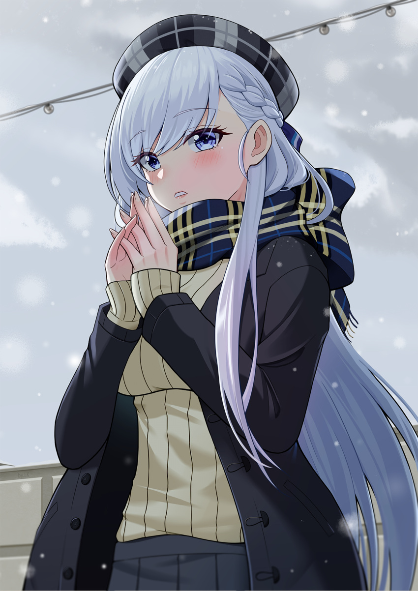 1girl alternate_costume azur_lane belfast_(azur_lane) braid coat enpera french_braid highres interlocked_fingers lemon_kele long_hair long_sleeves looking_at_viewer open_clothes open_coat outdoors own_hands_together plaid plaid_scarf purple_eyes ribbed_sweater scarf snow snowing striped sweater upper_body vertical_stripes white_hair
