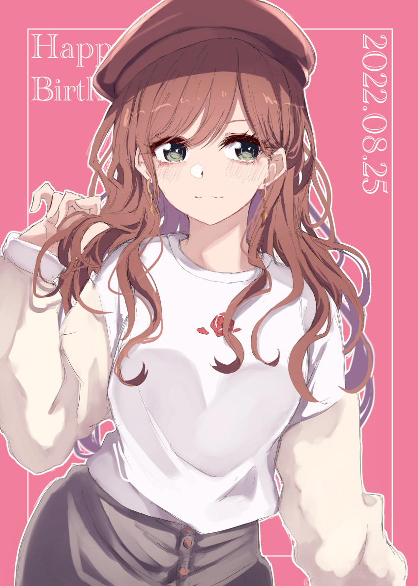 1girl absurdres bang_dream! beret blush brown_hair cowboy_shot dated earrings floral_print green_eyes hand_in_own_hair hand_up happy_birthday hat highres imai_lisa jewelry long_hair nuruponnu pink_background rose_print simple_background smile solo wavy_hair