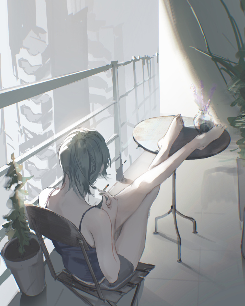 1girl absurdres balcony barefoot black_camisole black_hair camisole chainsaw_man cigarette crossed_legs from_behind highres himeno_(chainsaw_man) holding holding_cigarette legs_on_table looking_down nenem_(kimnenemmm_art) plant potted_plant railing short_hair solo