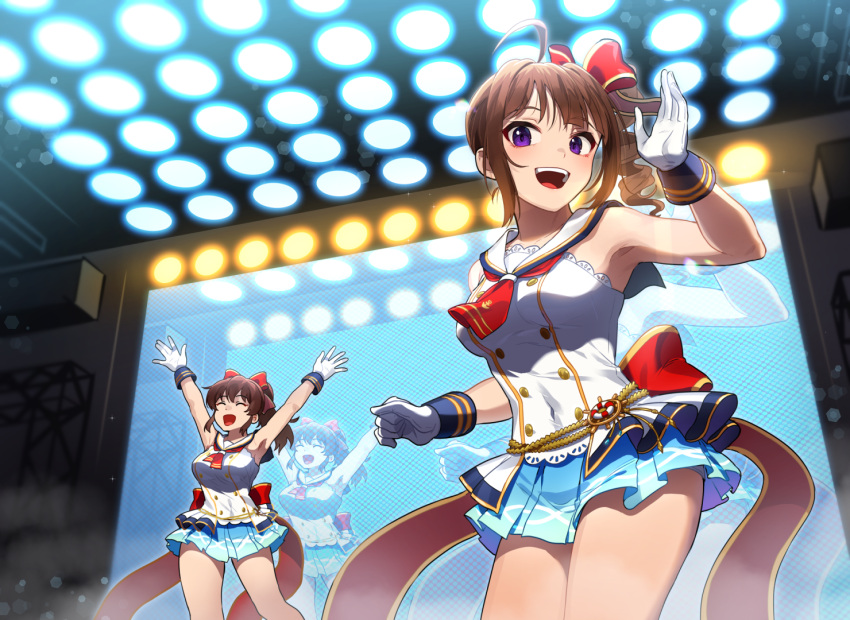 2girls ahoge armpits arms_up blue_eyes blue_skirt brown_hair buttons double-breasted drill_hair gloves hair_ribbon high_ponytail idol_clothes idolmaster idolmaster_million_live! idolmaster_million_live!_theater_days kamille_(vcx68) long_hair miniskirt multiple_girls neckerchief open_mouth pleated_skirt ponytail purple_eyes red_neckerchief red_ribbon ribbon sailor_collar sailor_shirt satake_minako shirt side_drill side_ponytail skirt sleeveless sleeveless_shirt smile stage stage_lights white_gloves white_sailor_collar white_shirt yokoyama_nao