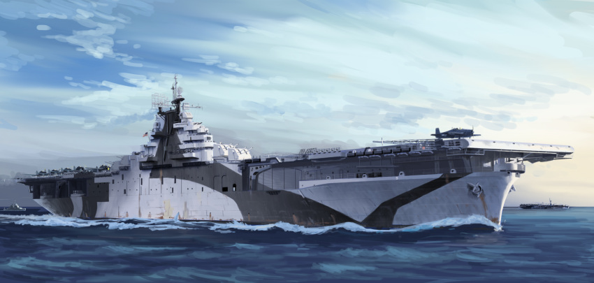 aircraft aircraft_carrier airplane american_flag anchor anti-aircraft anti-aircraft_gun camouflage cannon day highres military military_vehicle mo_yu_de_jiaozi no_humans ocean radar real_life ship turret united_states_navy uss_essex_(cv-9) vehicle_focus wake warship watercraft waves world_war_ii