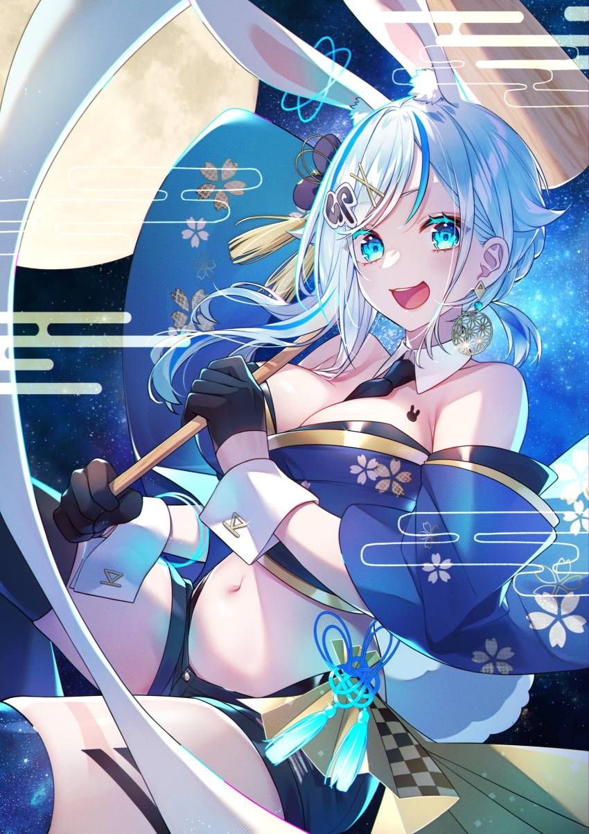 1girl :d absurdres animal_ears bare_shoulders between_breasts black_gloves blue_eyes blue_shorts blue_thighhighs breasts cherry_blossom_print chinese_zodiac cleavage crop_top detached_collar detached_sleeves egasumi floral_print gloves gold_trim hair_ornament hairclip highres holding kine kitakubu kitazume_kumie kitazume_kumin large_breasts long_hair looking_at_viewer mallet micro_shorts midriff multicolored_hair navel necktie necktie_between_breasts open_mouth rabbit_ears revealing_clothes short_shorts shorts smile solo stomach strapless streaked_hair tassel thighhighs thighs unmoving_pattern virtual_youtuber white_hair wide_sleeves wrist_cuffs year_of_the_rabbit