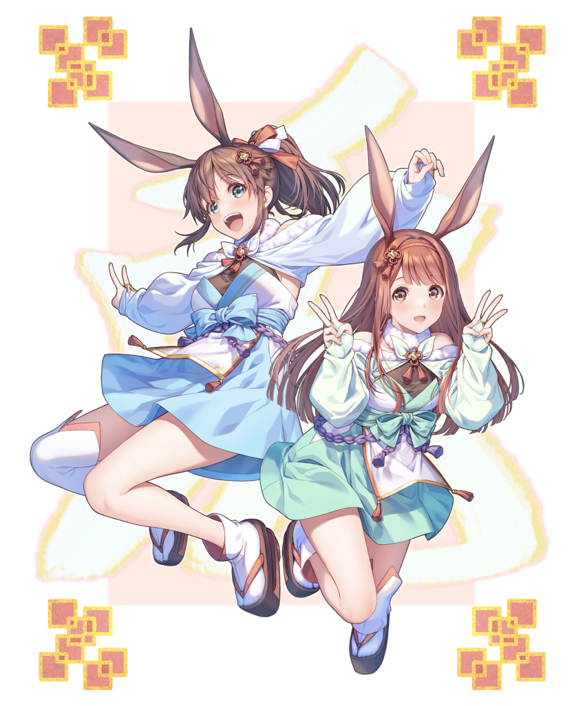 2girls :d absurdres animal_ears arms_up asymmetrical_legwear bangs bare_shoulders blue_dress blue_eyes blunt_bangs breasts bridal_gauntlets brown_hair collar commentary_request dress flower_knot full_body fur-trimmed_collar green_dress hair_between_eyes hair_ornament hair_ribbon hairband highres idolmaster idolmaster_million_live! japanese_clothes kemonomimi_mode layered_dress leg_up light_blush long_hair long_sleeves looking_at_viewer medium_breasts medium_hair midair multicolored_hair multiple_girls nanaran new_year okobo outstretched_arms pink_background ponytail puffy_long_sleeves puffy_sleeves rabbit_ears red_hairband red_ribbon ribbon satake_minako shrug_(clothing) sideboob single_thighhigh smile socks standing standing_on_one_leg tanaka_kotoha tassel tassel_hair_ornament thighhighs two-tone_background two-tone_hair upper_body v w white_background white_collar white_ribbon white_socks white_thighhighs