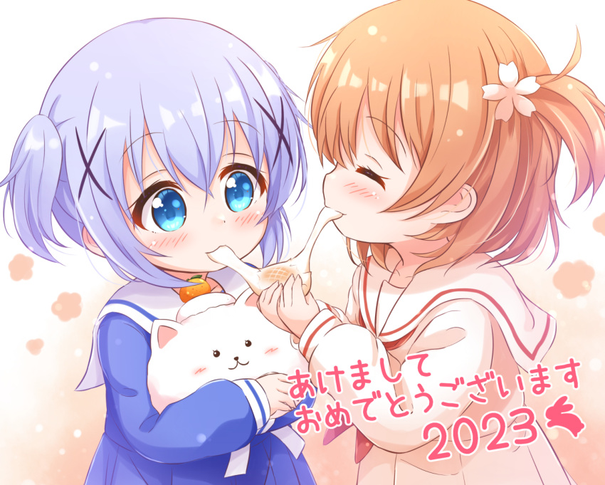 2girls ^_^ angora_rabbit animal araki495 bangs blue_dress blue_eyes blue_hair blush brown_hair closed_eyes closed_mouth commentary_request dress eating flower food gochuumon_wa_usagi_desu_ka? hair_between_eyes hair_flower hair_ornament holding holding_food hoto_cocoa kafuu_chino kagami_mochi long_sleeves mochi multiple_girls neckerchief pleated_dress puffy_long_sleeves puffy_sleeves rabbit red_neckerchief sailor_collar sailor_dress shared_food sleeves_past_wrists tippy_(gochiusa) twintails two_side_up white_dress white_flower white_sailor_collar x_hair_ornament