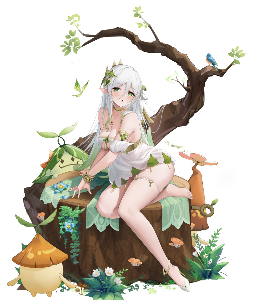 +_+ 1girl :o aged_up aranara_(genshin_impact) artist_name bad_id bad_pixiv_id bare_shoulders barefoot bird blue_flower bracelet breasts choker cleavage creature crystalfly_(genshin_impact) dated detached_sleeves dress feet flower full_body genshin_impact green_choker green_eyes hair_between_eyes high_heels highres jewelry large_breasts leaf long_hair mungersky mushroom nahida_(genshin_impact) necklace open_mouth plant pointy_ears shoes short_dress short_sleeves simple_background single_shoe sitting skindentation solo thigh_strap tree_stump very_long_hair white_background white_dress white_flower white_footwear white_hair
