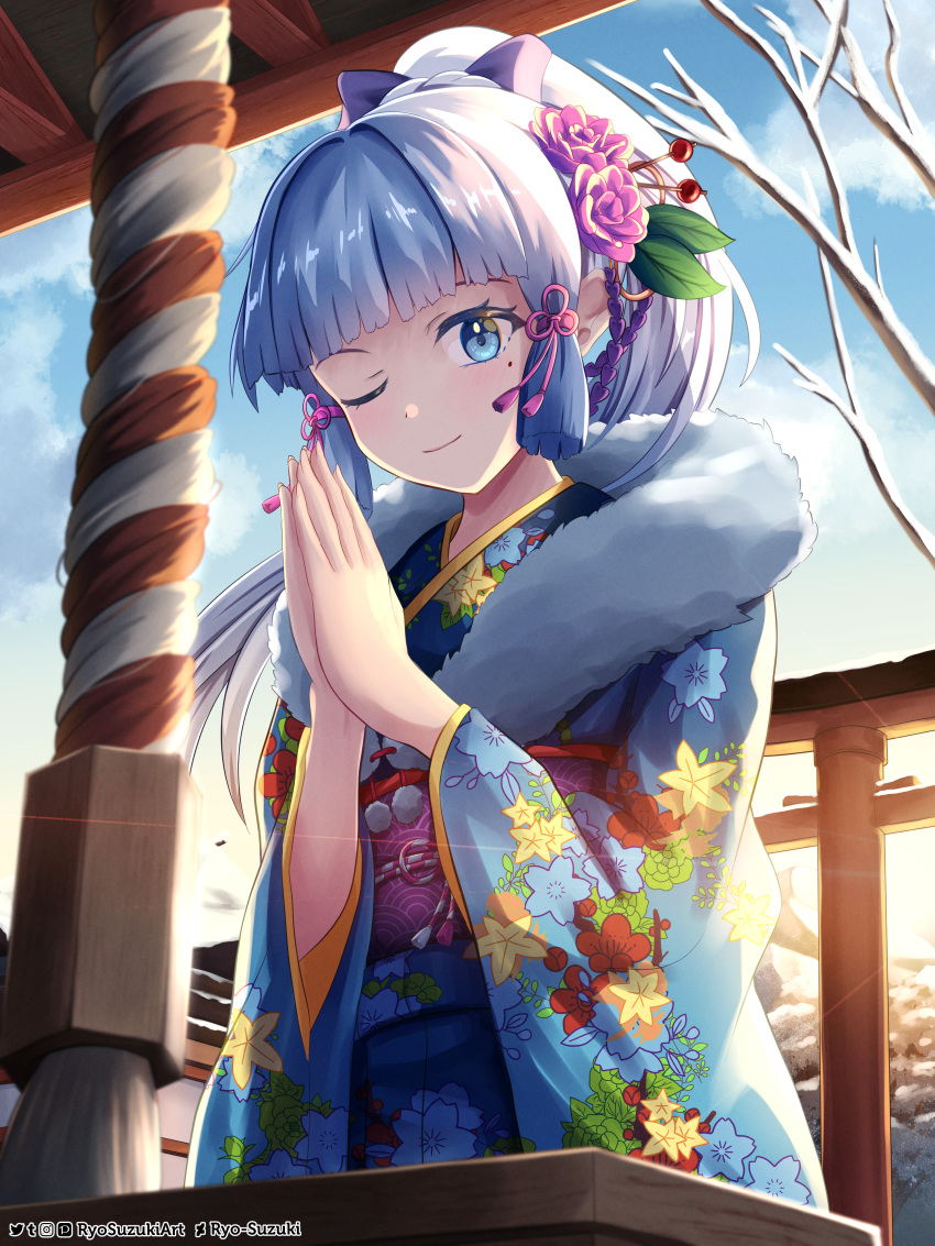 1girl ;) absurdres alternate_costume artist_name bangs bare_tree blue_eyes blue_hair blue_kimono blue_sky blunt_bangs bow box cloud donation_box floral_print flower from_below fur-trimmed_kimono fur_trim genshin_impact hair_bow hair_flower hair_ornament hair_ribbon hatsumoude highres japanese_clothes kamisato_ayaka kimono kouhaku_nawa light_blue_hair long_hair looking_at_viewer new_year obi obijime one_eye_closed own_hands_together palms_together pink_flower pink_rose ponytail praying print_kimono ribbon rope rose ryo-suzuki sash shimenawa shrine sky smile sunrise torii tree tress_ribbon wide_sleeves