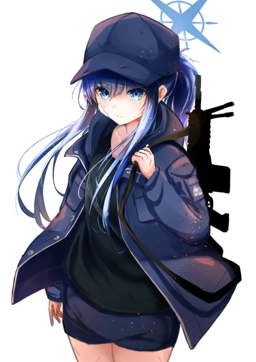 1girl absurdres alternate_hairstyle bandage_on_face bandages baseball_cap black_shirt blue_archive blue_eyes blue_hair blue_headwear blue_jacket closed_mouth commentary_request cowboy_shot edwaadow gun gun_on_back hair_between_eyes halo hat highres hood hooded_jacket jacket long_hair long_sleeves open_clothes open_jacket ponytail saori_(blue_archive) shirt simple_background weapon weapon_on_back white_background